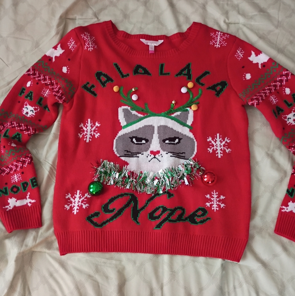No Boundaries Red 'Nope' Grumpy Cat Holiday Sweater